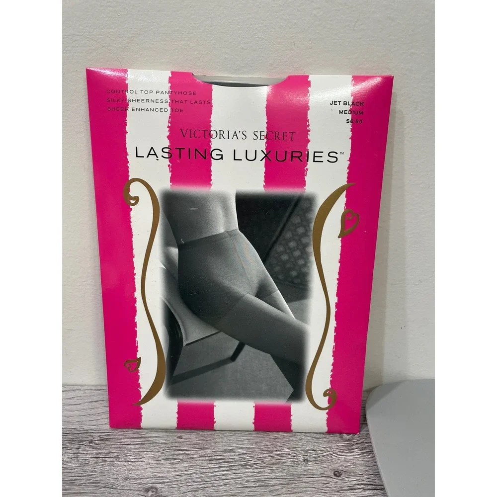 Victoria's Secret Lasting Luxuries Control Top‎ Pantyhose Jet Black Med Vintage